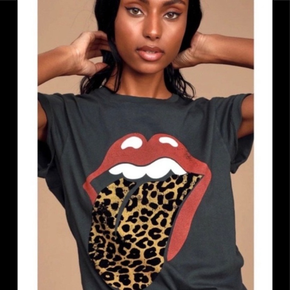 Daydreamer x Free People black Rolling Stones leopard tongue t-shirt sz SMALL